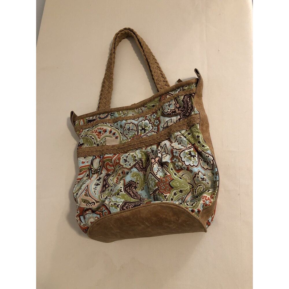 EBISU Bohemian Tote Handbag‎ Coral/ Rust Trim Braided Handles Blue Brown Retro